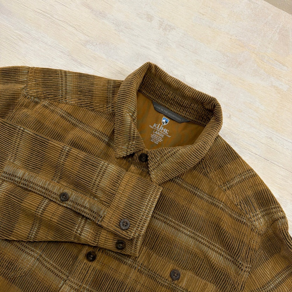 KUHL DISKORD SHIRT-JAC Button Up Striped Pockets Brown Tan Mens Large